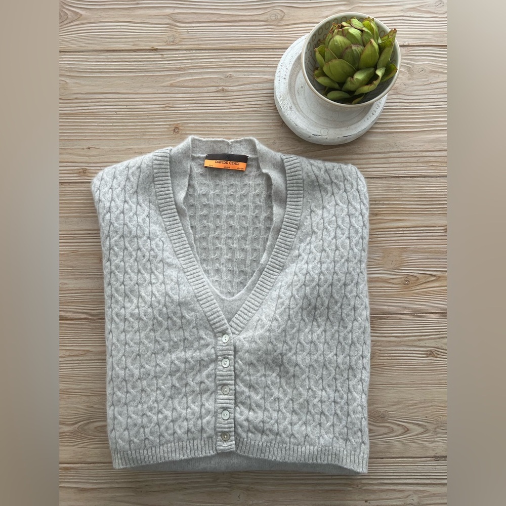 Davide Cenci Italian 100% Cashmere Faux Twinset Cable Knit Cardigan Gray Small - Picture 2 of 8